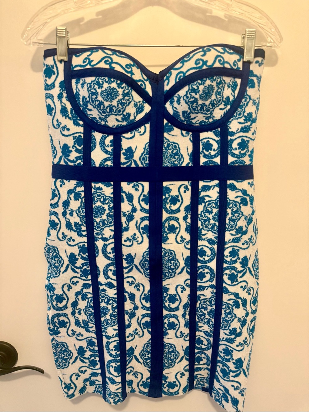 BEBE Strapless Blue and White Printed Bodycon Dress. Size M.